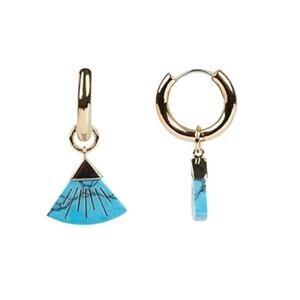 Rebecca Minkoff NEW Tiny Gold Huggie Hoop Turquoise Carved Fan Charm Earrings